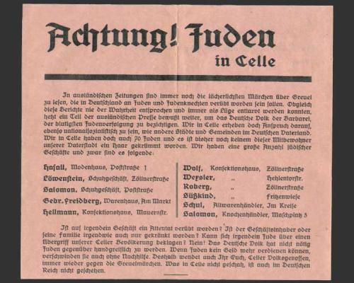 Ein im September 1935 der CZ beigelegtes Flugblatt der NSDAP mit der Überschrift "Achtung! Juden in Celle"
