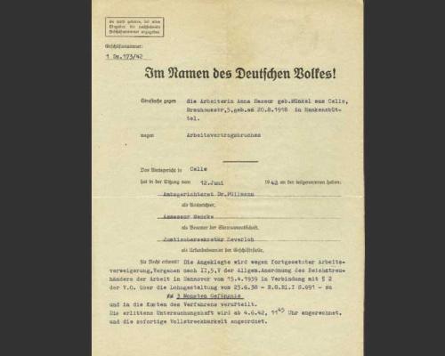 Urteil des Amtsgerichts Celle gegen Anna Sassor von 1942